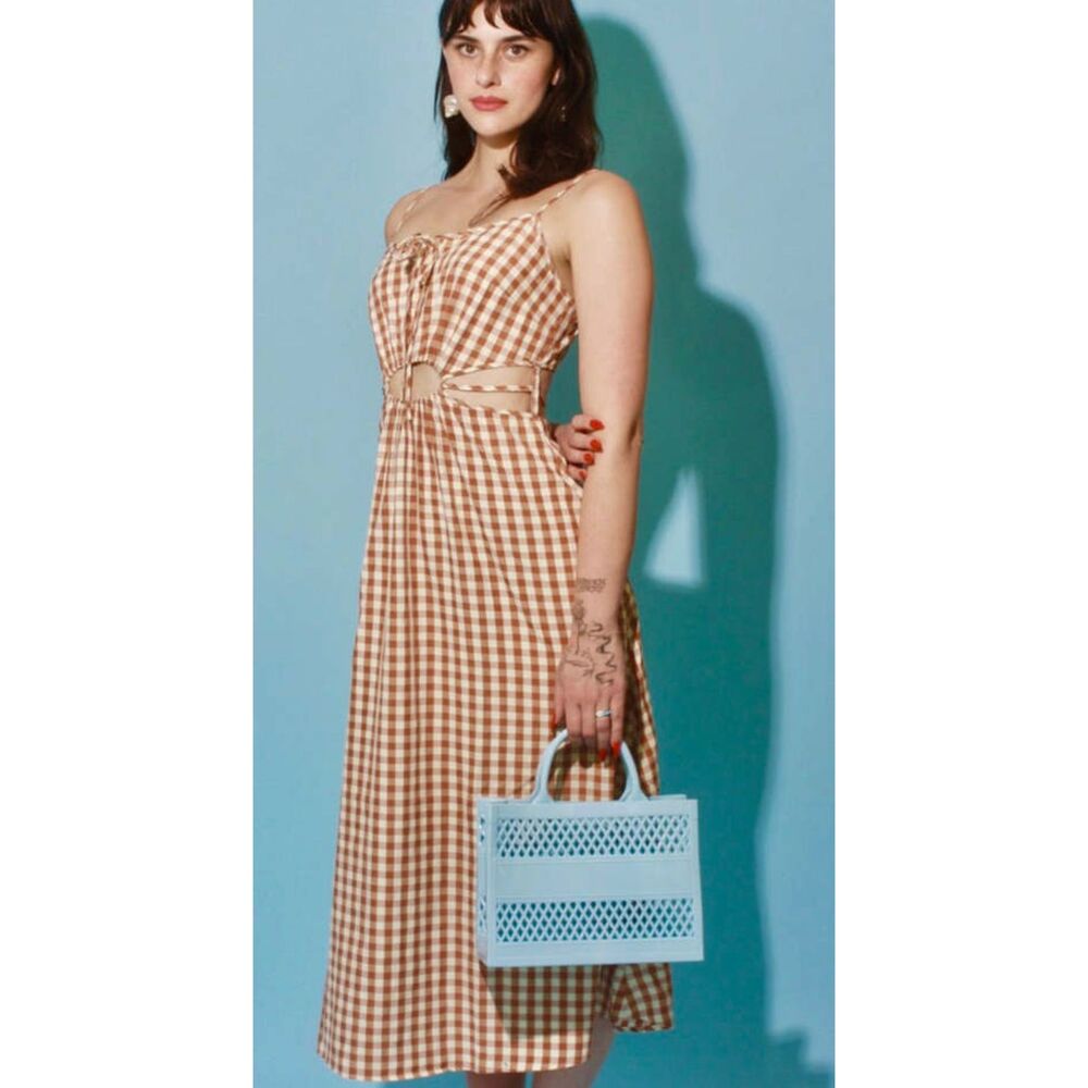 Find Me Now Spring Gingham Sacha Midi Dress Rust Brown Cream Size Small